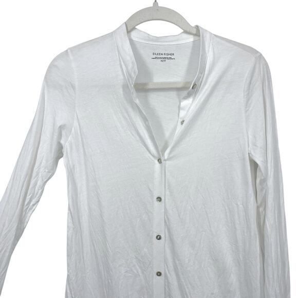 Eileen Fisher Button Up Tunic Top size XS Long Sleeve White High Low Hem - Picture 2 of 8
